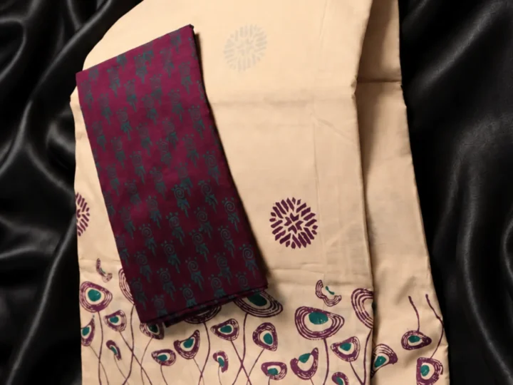 South Cotton Saree – Ivory cream Teal green