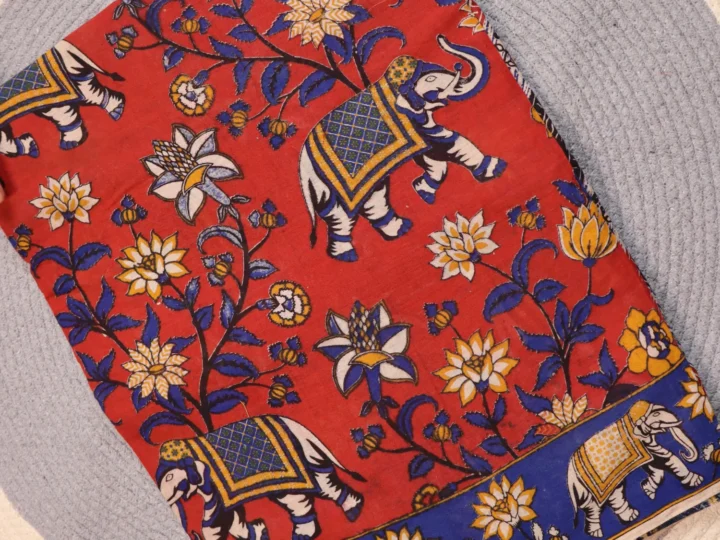 Kalamkari Saree – Madder Red Brick Maroon & Indigo Blue Sanganeri