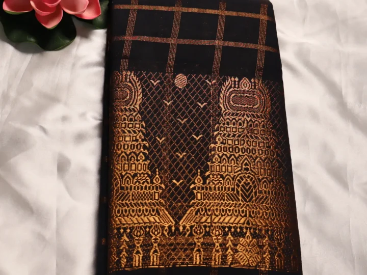 Pure Cotton Gopuram Border Saree – Black & Gold
