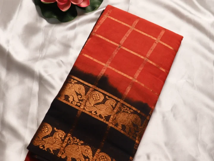 Kanchi Cotton Saree – Burnt Orange & Black Gold Grid