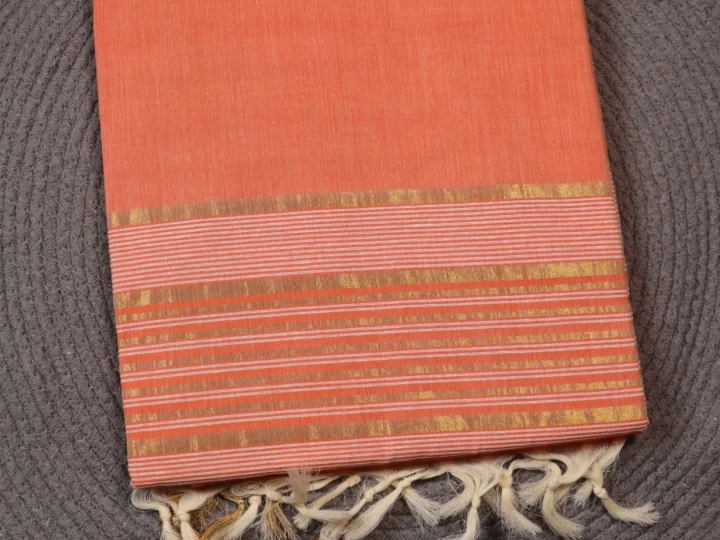 Jute Cotton Saree – Orange & Gold Stripes