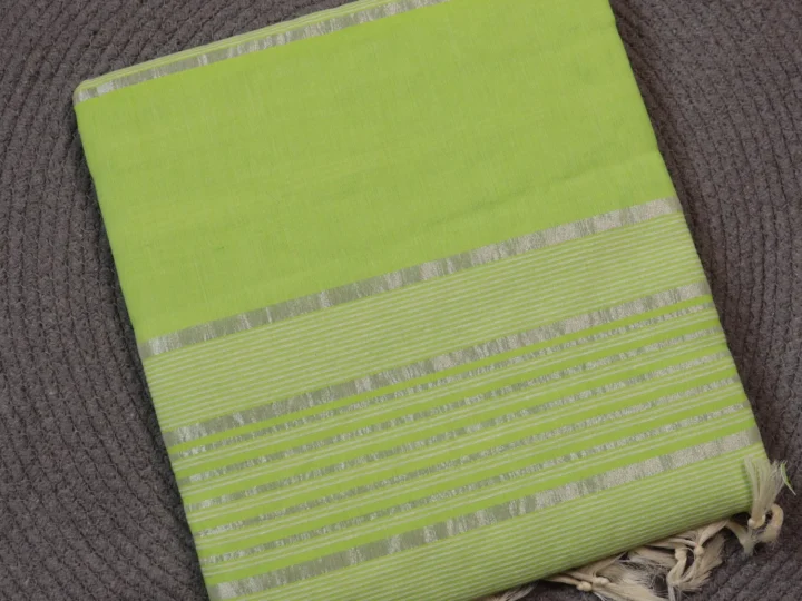 Jute Cotton Saree – Parrot Green & Silver Stripes