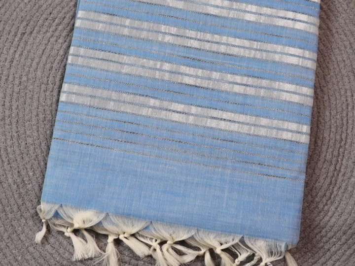 Jute Cotton Saree – Sky Blue & Silver Stripes