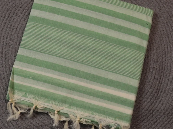 Jute Cotton Saree – Green & White Stripes
