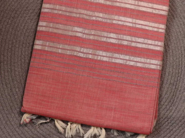 Jute Cotton Saree – Rose & Silver Stripes