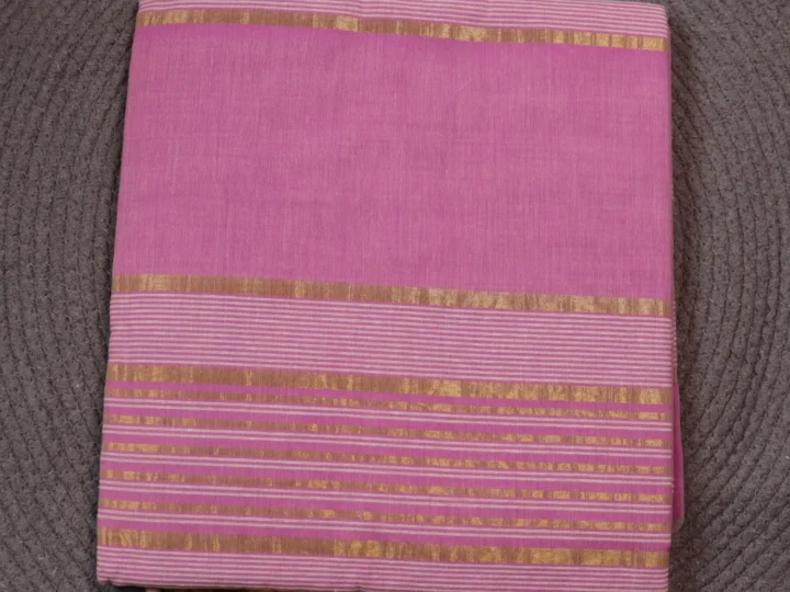 Jute Cotton Saree – Lilac Pink & Gold Stripes