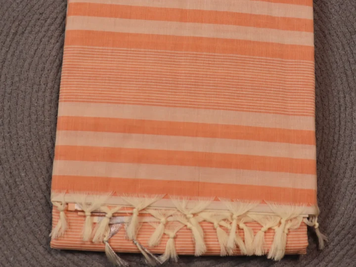 Jute Cotton Saree – Peach & OffWhite Stripes