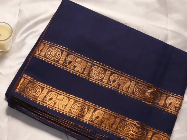 Double Border Kanchi Cotton Saree – Royal Blue & Gold