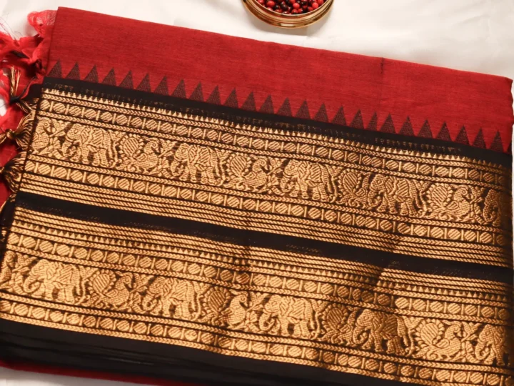 Double Border Kanchi Cotton Saree – Burgundy & Gold