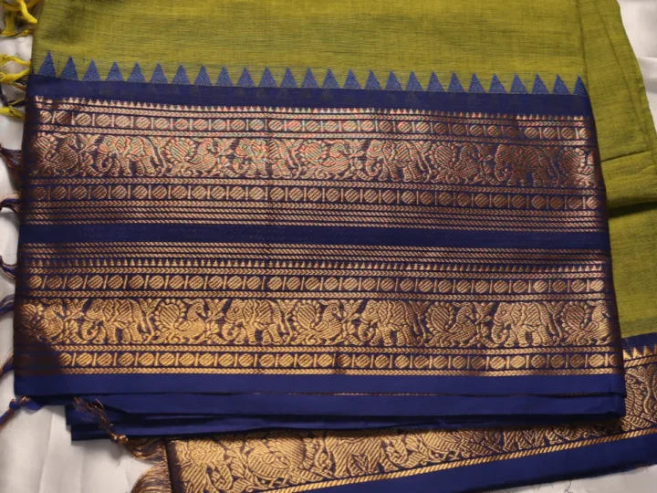 Double Border Kanchi Cotton Saree – Parrot Green & Royal Blue Gold