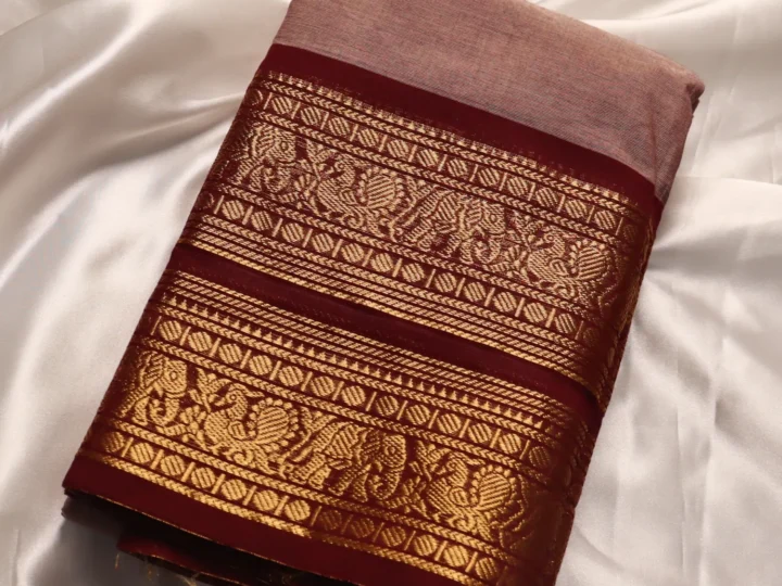 Double Border Kanchi Cotton Saree – Grey & Wine Red Golden Border