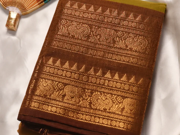 Double Border Kanchi Cotton Saree – Mustard Olive & Dark Brown Golden Border