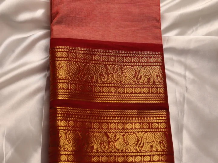 Double Border Kanchi Cotton Saree – Dusty Rose Pink & Deep Maroon Golden Border