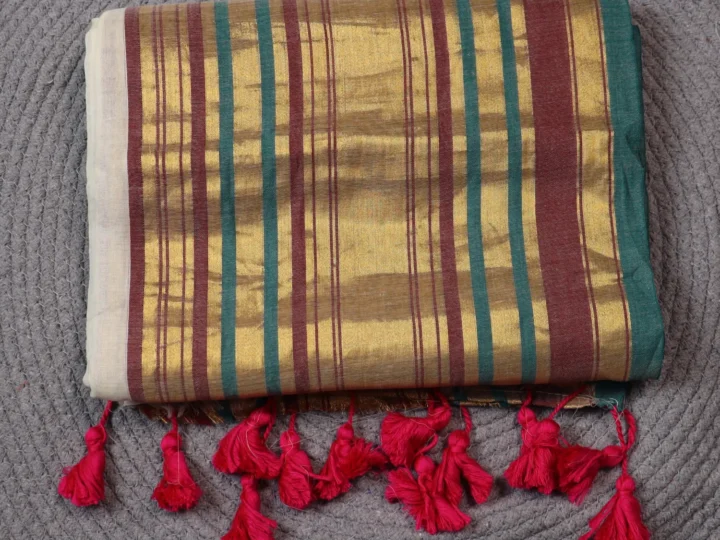 Mul Cotton Tissue Border - Cream Body with Golden Maroon and Green Border
