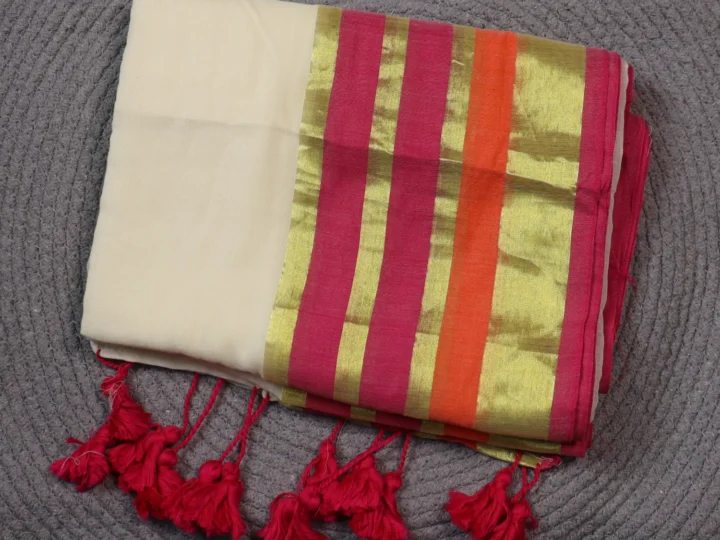 Mul Cotton Tissue Border - Cream Body with Magenta Yellow Gold and Orange Border