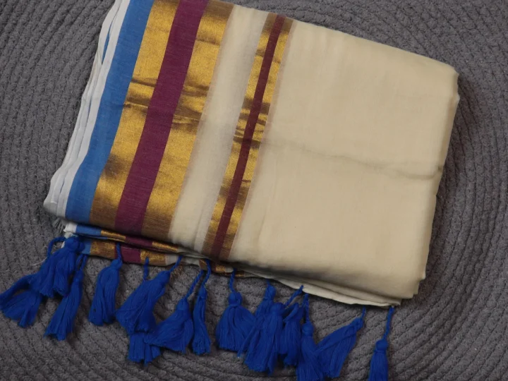 Mul Cotton Tissue Border - Cream Body with Golden Violet and Blue Border