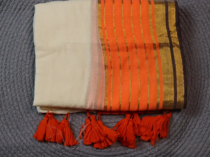 Mul Cotton Tissue Border - Cream Body with Orange Brown and Golden Border