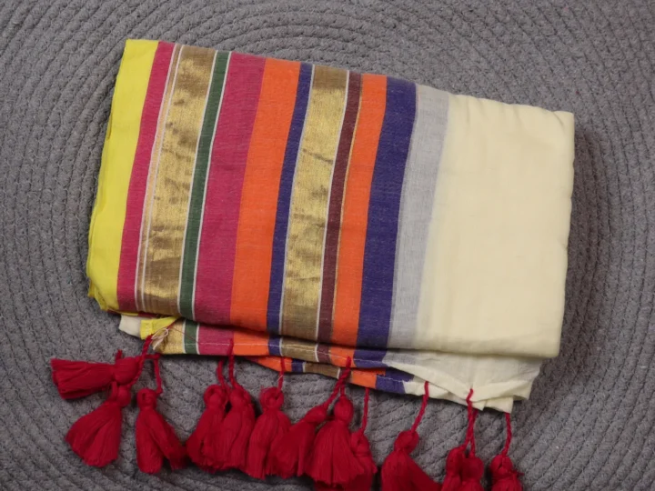 Mul Cotton Tissue Border - Cream Body with Blue Orange Maroon Gold Green Magenta Yellow Border