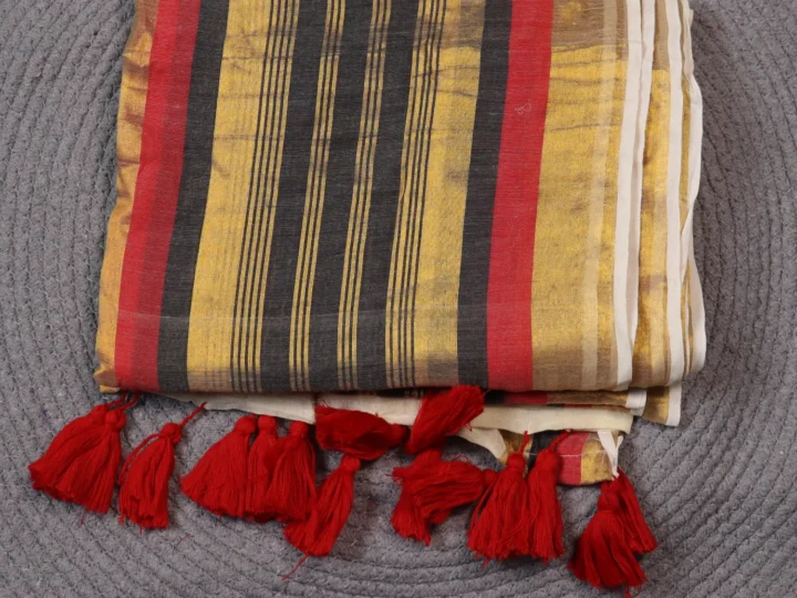 Mul Cotton Tissue Border - Cream Body with Red Black and Golden Border