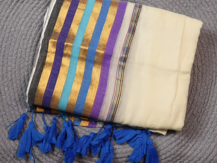 Mul Cotton Tissue Border - Cream Body with Blue Violet Gold Skyblue Navy Blue and Black Border