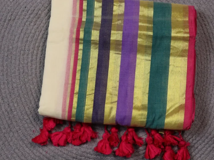Mul Cotton Tissue Border - Cream Body with Magenta Gold Green Blue and Lavender Border