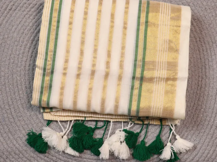 Mul Cotton Tissue Border - Off White with Green and Golden Stripes