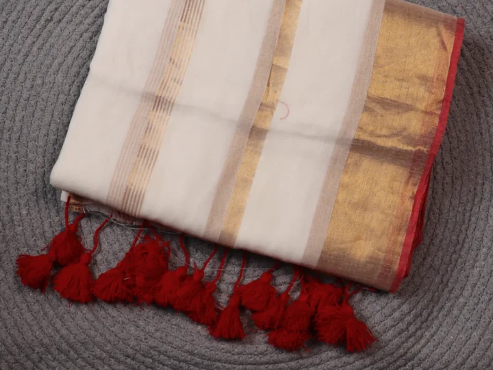 Mul Cotton Tissue Border - Off White with Red and Golden Stripes