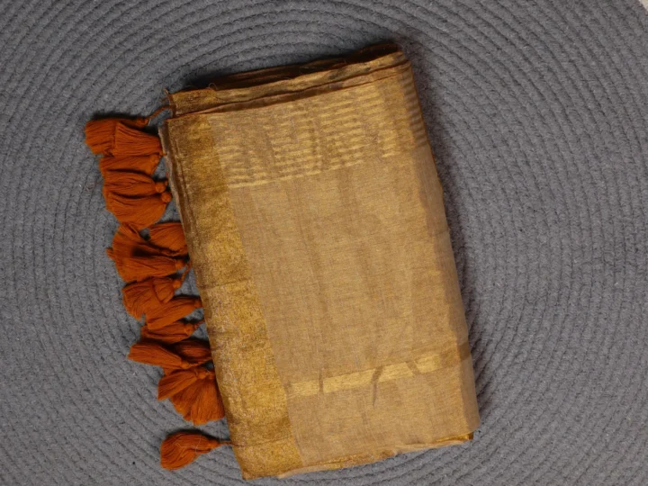 Mul Cotton Tissue Border - Golden Tissue Body with Striking Golden Border Dark Orange Tussles