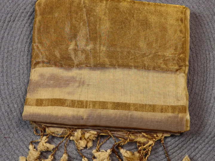 Mul Cotton Tissue Border - Golden Tissue Body with Striking Golden Border Cream Tussles
