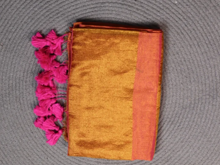 Mul Cotton Tissue Border - Golden Tissue Body with Rose Stripes