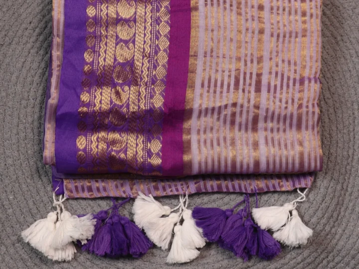 Mul Cotton Kanchi Border - Cream Body With Lavender and Golden Border