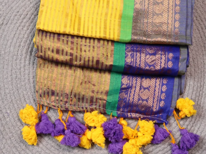 Mul Cotton Kanchi Border - Yellow Body With Golden and Blue Border