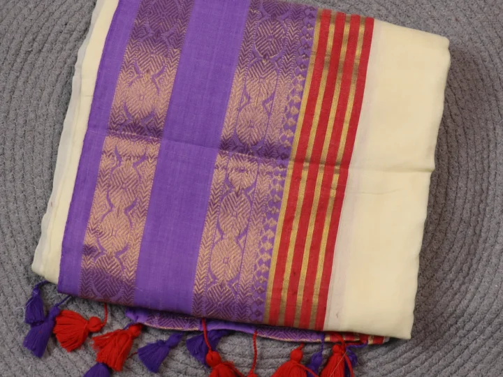 Mul Cotton Kanchi Border - Off White Body With Red Lavendar and Golden Border