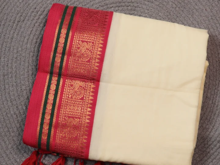 Mul Cotton Kanchi Border - Cream Body With Magenta Green and Golden Border Normal Border