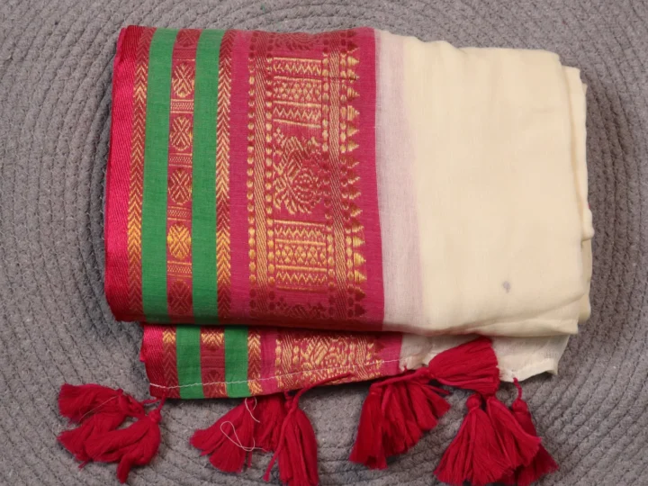 Mul Cotton Kanchi Border - Off White Body With Magenta Green and Golden Border Big Border
