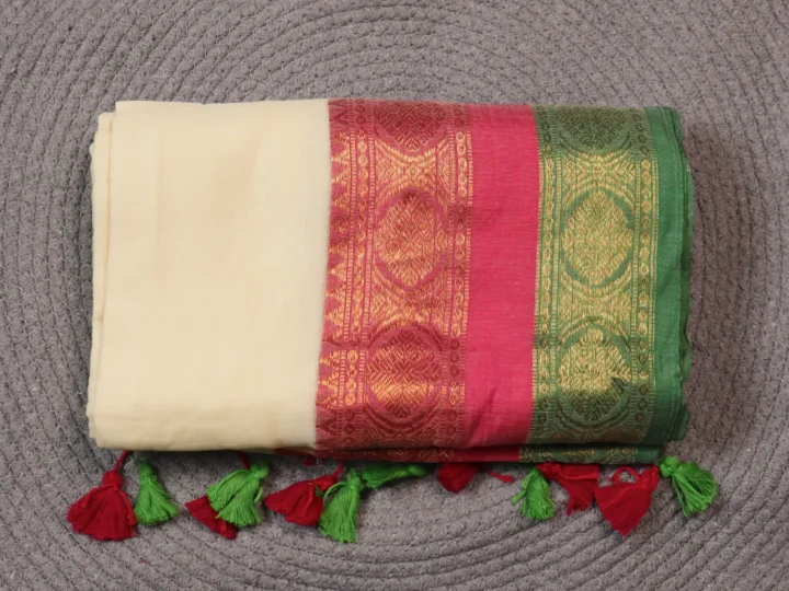 Mul Cotton Kanchi Border - Off White Body With Magenta Green and Golden Border Large Border
