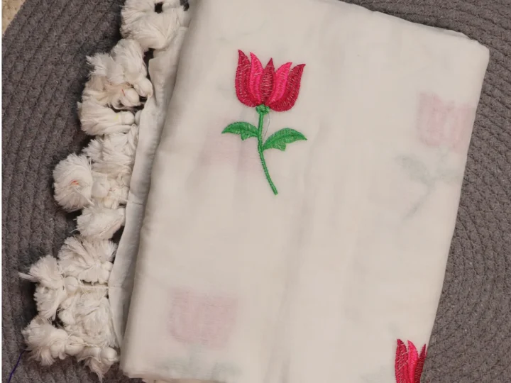 Mul Cotton White Body with Lotus Flower Embroidery