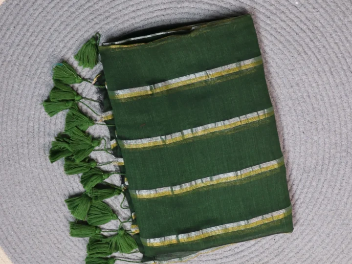 Mul Cotton Forest Green Body with Gold Silver Stripes