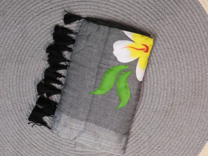 Mul Cotton Blackish Grey Body with Hand Painted Yellow Colored Flower