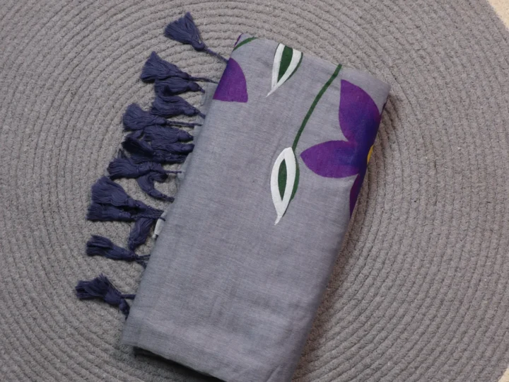 Mul Cotton Bluish Grey Body with Hand Painted Lavender Colored Flower