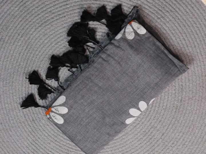 Mul Cotton Blackish Grey Body with Hand Painted White Colored Flower