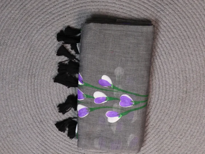 Mul Cotton Bluish Grey Body with Hand Painted White Lavender Colored Flower