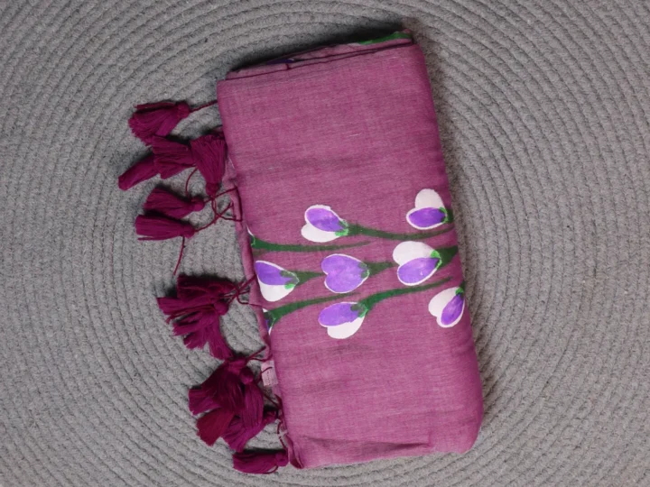 Mul Cotton Purple Body with Hand Painted White Lavender Colored Flower