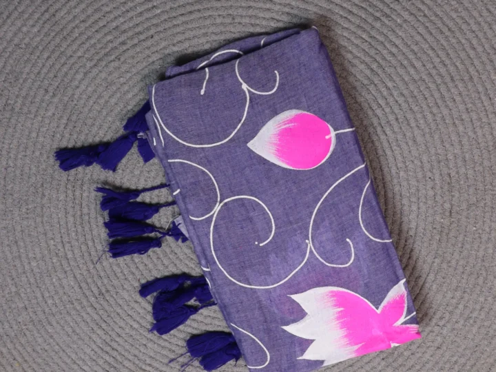 Mul Cotton Slate Blue Body with Hand Painted White Lavender Colored Flower