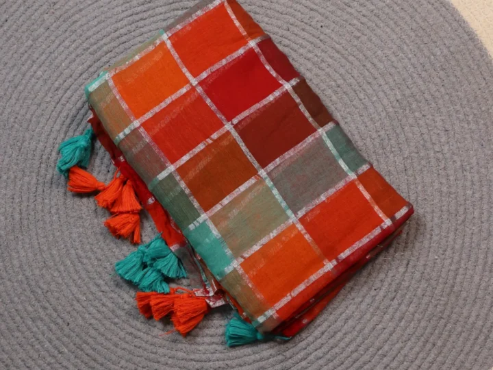 Mul Cotton Large Check Body Turquoise Blue burnt Orange with Silver Zari Checks
