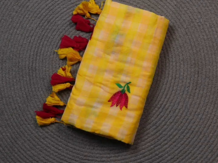 Mul Cotton Check Body Yellow and White Lotus Embroidery
