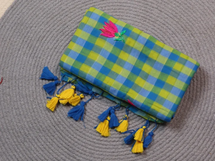 Mul Cotton Check Body Lime Green and Blue Lotus Embroidery