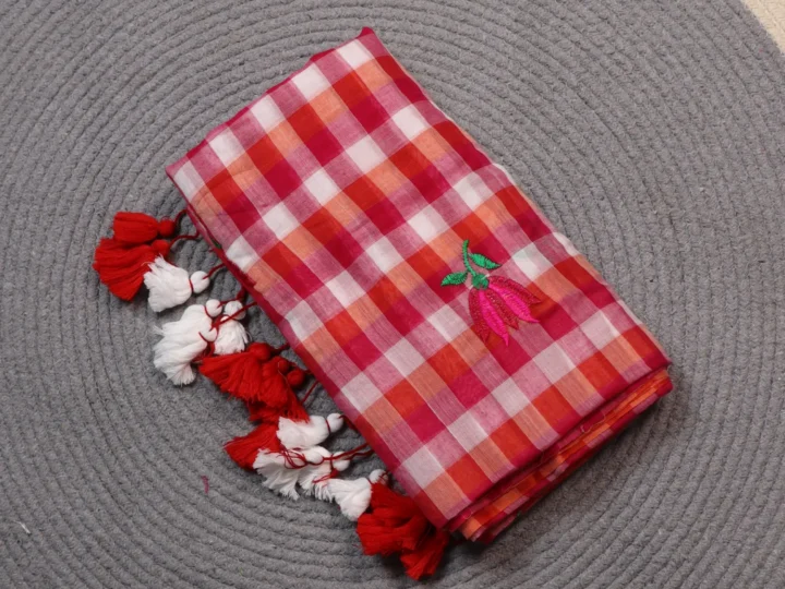 Mul Cotton Check Body Red and Magneta White Lotus Embroidery