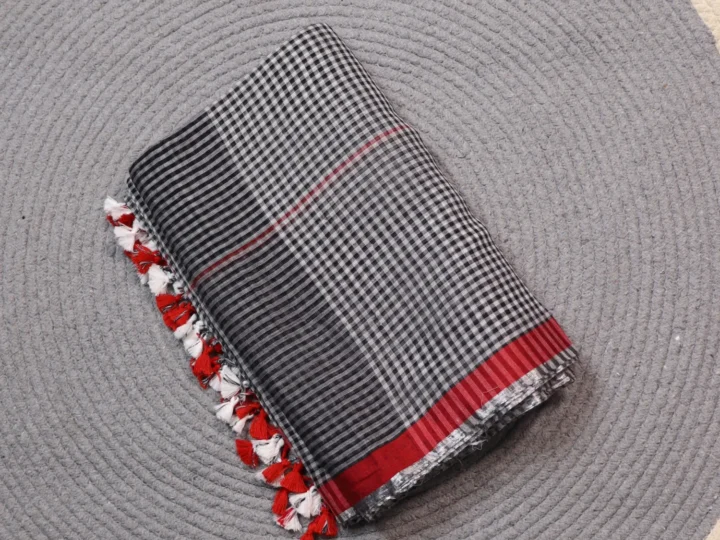 Mul Cotton Micro Check Black & White Body with Red Border