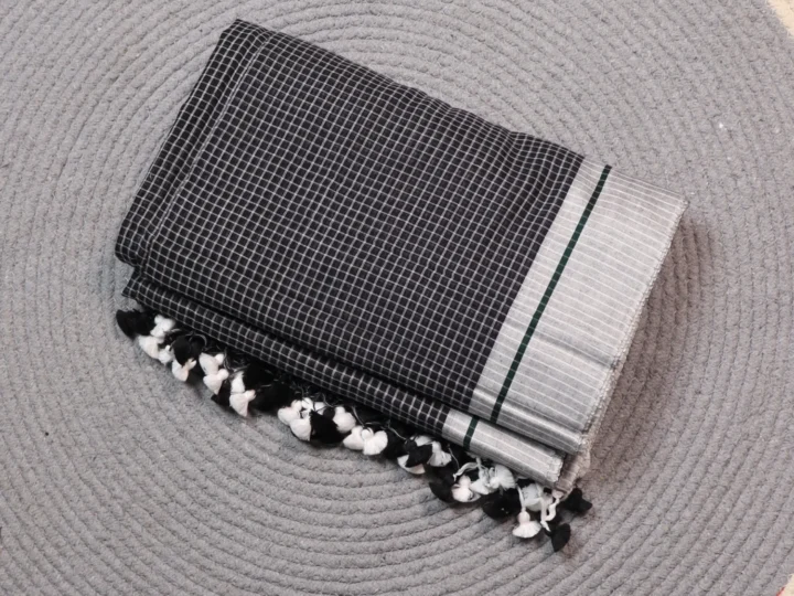 Mul Cotton Micro Check Black & White Body with Green & White Ganga Jamuna Border